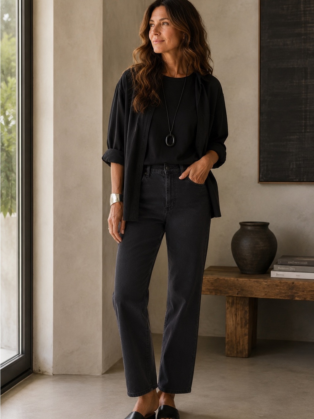 EILEEN FISHER Women's Jeans Straight Leg High Rise Size 8 Black‎ Denim Pants
